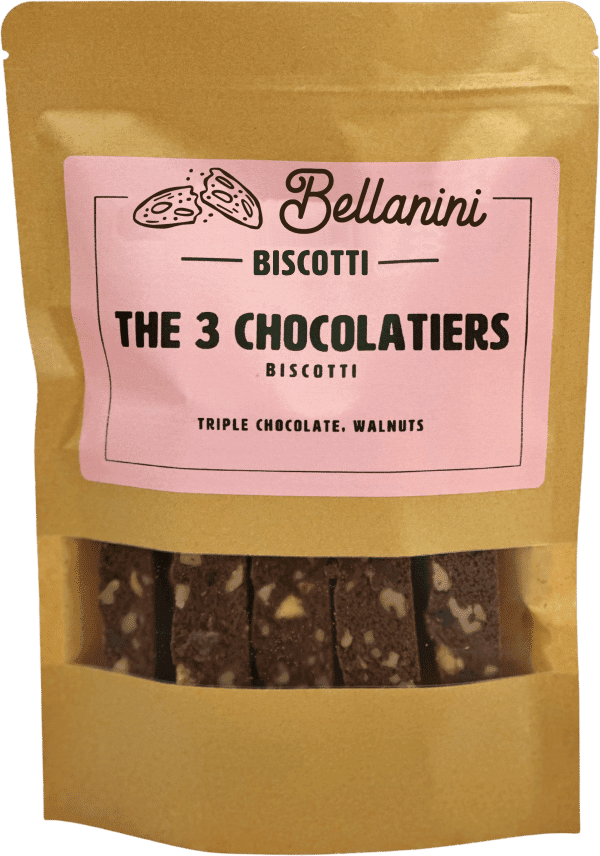 Brown resealable bag of Bellanini biscotti labeled 'The 3 Chocolatiers' with a pink label, containing triple chocolate and walnut biscotti visible through a small transparent window.