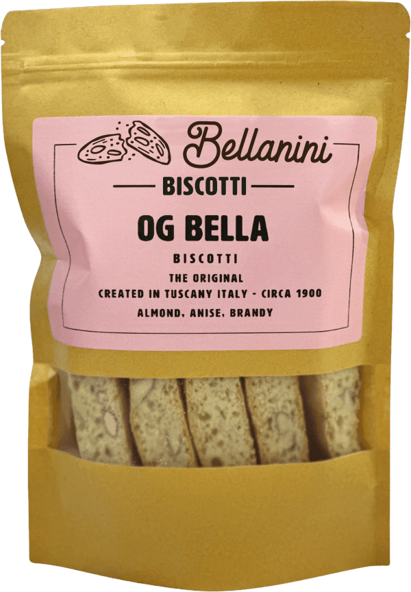 Brown resealable bag with a pink label reading 'Bellanini Biscotti OG Bella Biscotti The Original Created in Tuscany Italy - Circa 1900 Almond, Anise, Brandy' with a clear window showing almond biscotti inside