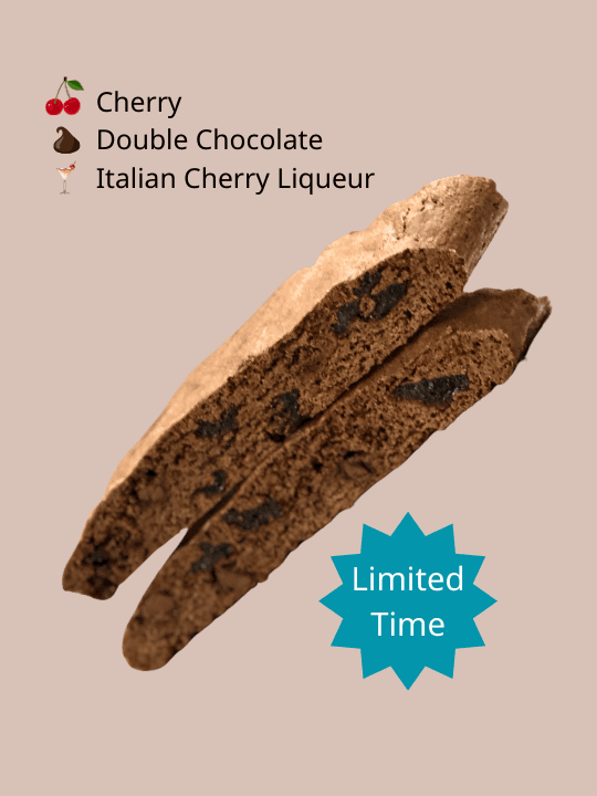 Close-up of two stacked Dee Dee's Dunkers biscotti sliced on a beige background