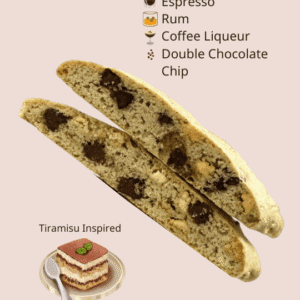 Close up picture of Pick Me Up biscotti with espresso, rum, coffee liqueur, and double chocolate chips... a tiramisu inspired treat.
