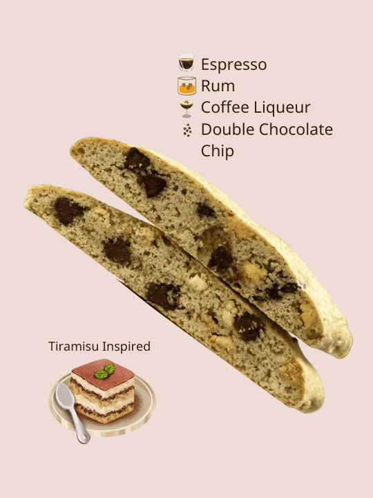 Close up picture of Pick Me Up biscotti with espresso, rum, coffee liqueur, and double chocolate chips... a tiramisu inspired treat.