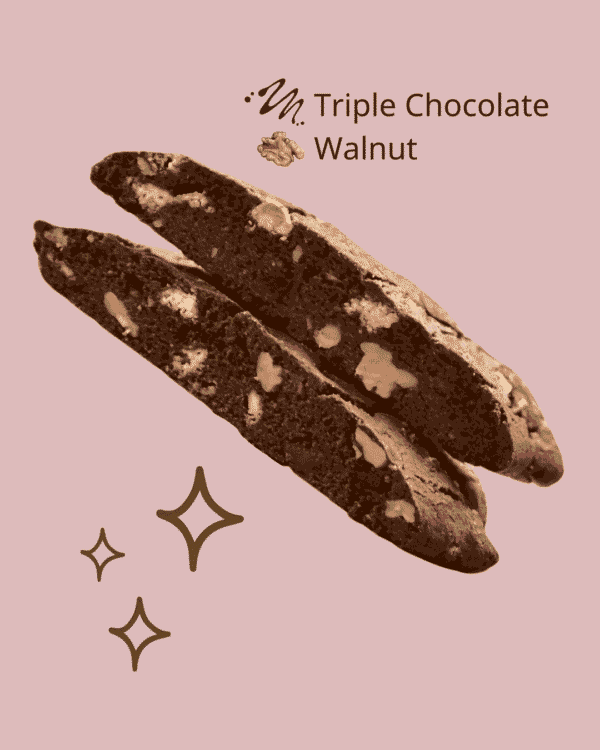 Photo of two chocolate biscotti stacked. You can see the walnuts and chocolate inside!