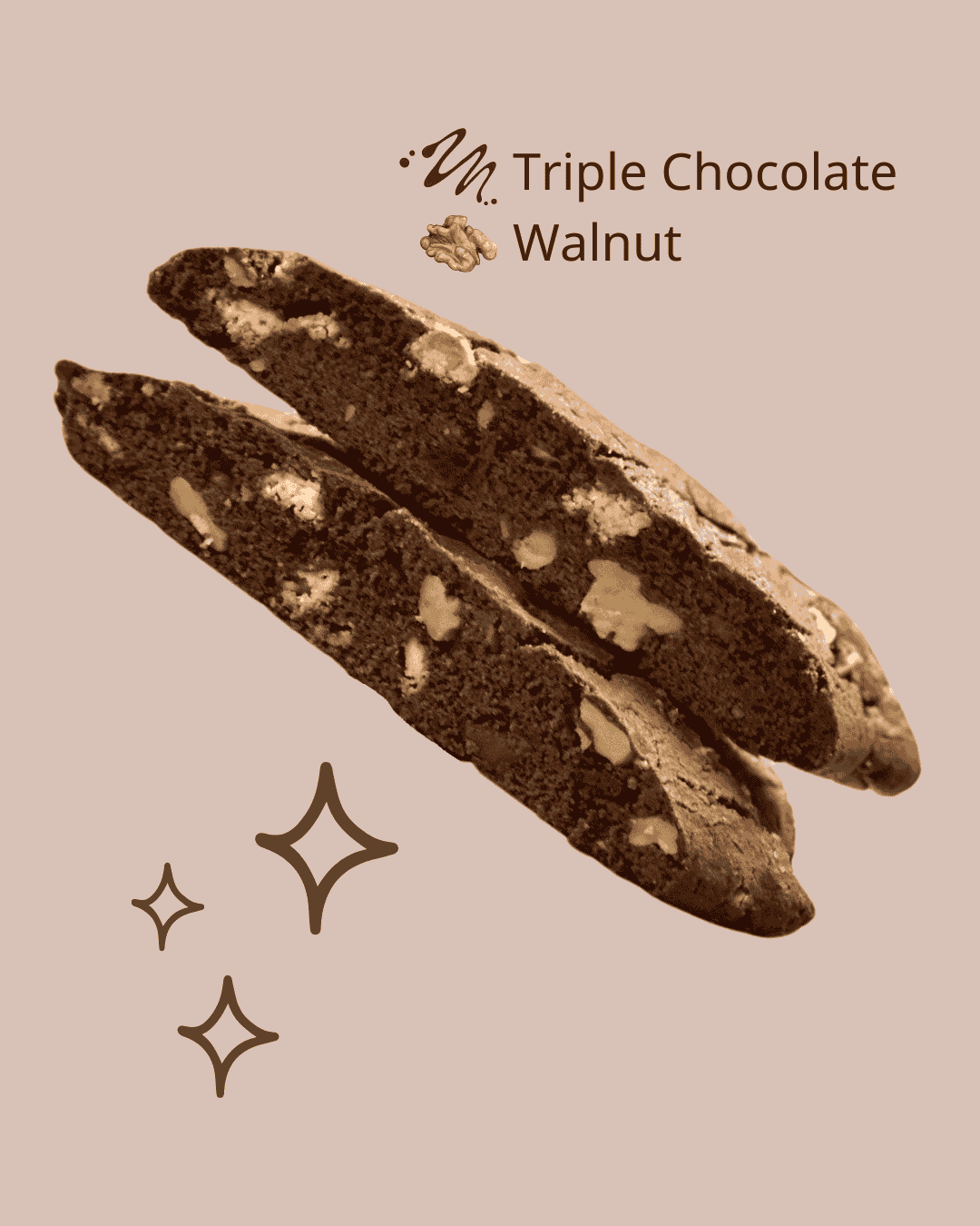 Photo of two chocolate biscotti stacked. You can see the walnuts and chocolate inside!