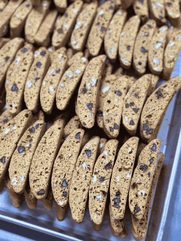 A tray of our Basic B pumpkin spice latte biscotti with pecans and chocolate.