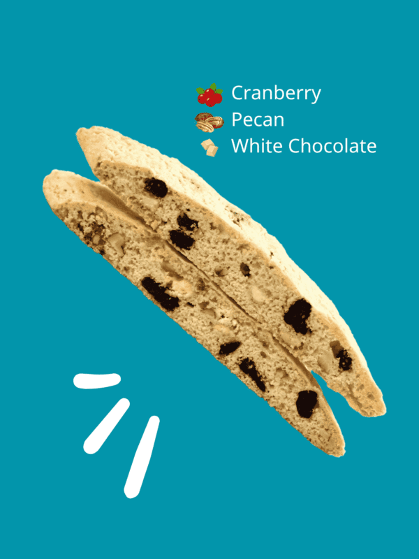 This biscotti has cranberries pecans and white chocolate. It tastes like a sugar cookie but is in fact delicious Italian biscotti. Even people who don't think they like biscotti love this one. One of our bestsellers!