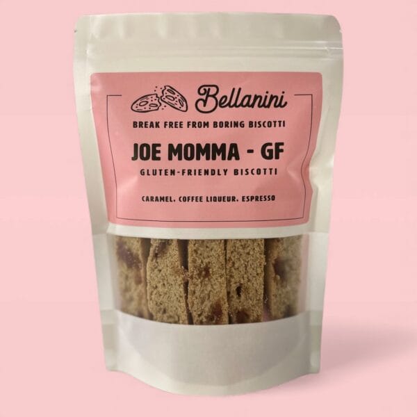 Bag of gluten-friendly Joe Momma biscotti with biscotti displayed in front.