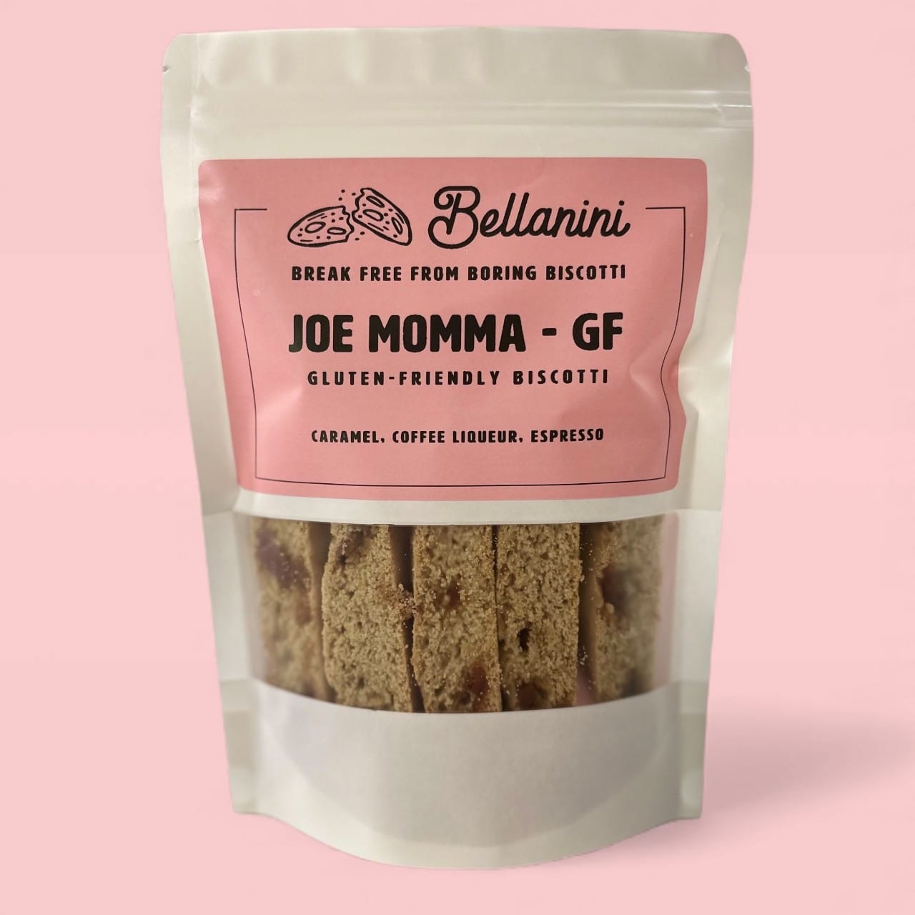 Bag of gluten-friendly Joe Momma biscotti with biscotti displayed in front.